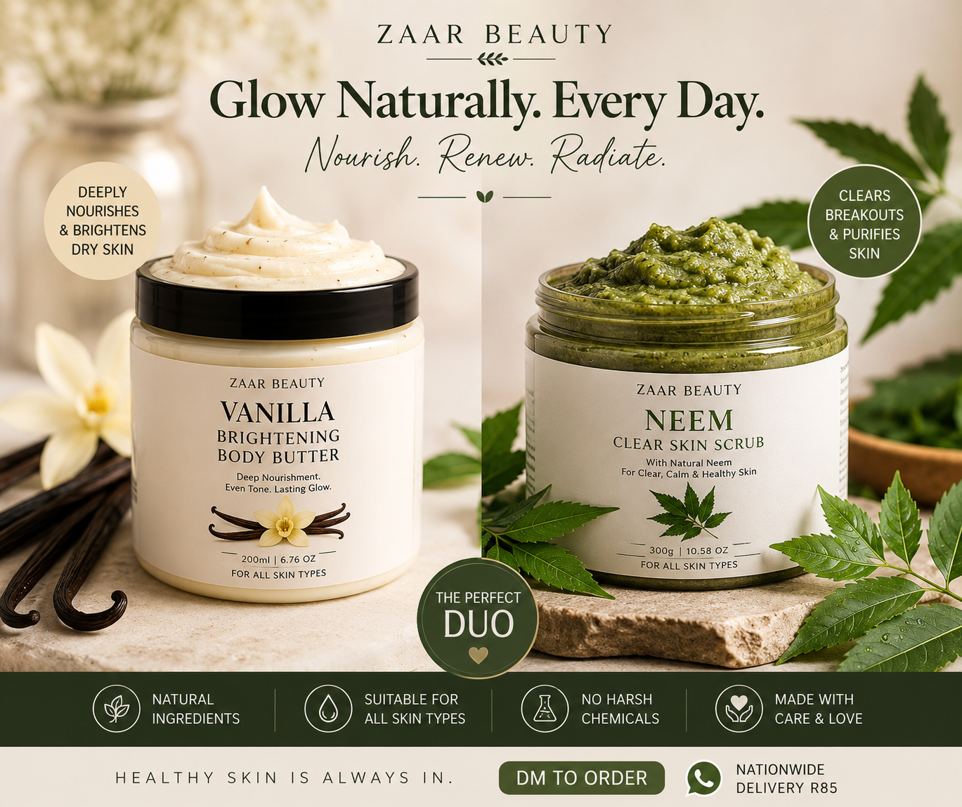 The Glow Duo-Scented Brightening Body Butter + Neem Scrub
