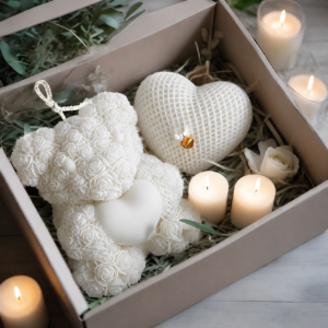 Large White Rose Bear & Heart Candle Gift Set