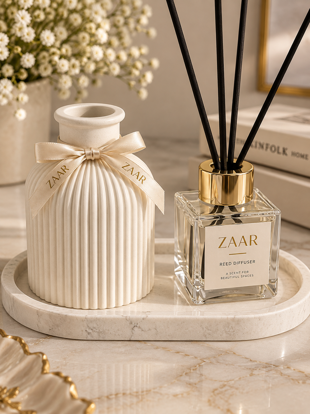 ZAAR Ribbed Vase & 100ml Reed Diffuser Tray Gift Set